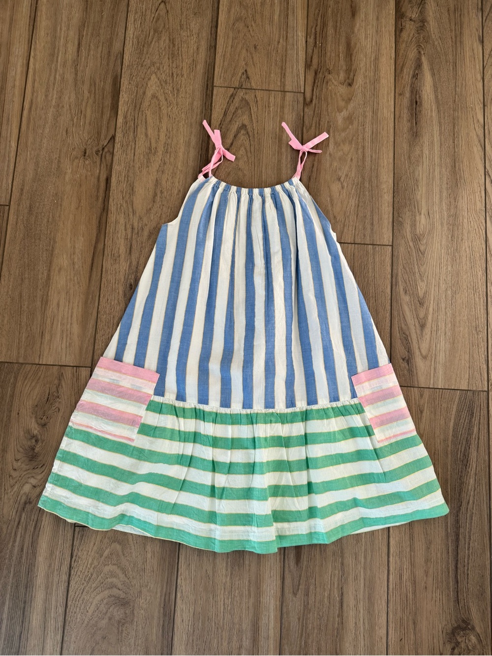 Mini Boden Girls' Striped Tie-Shoulder Sundress in Blue, Green & Pink NWOT 8-9y